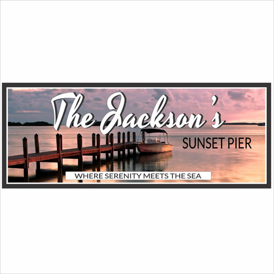 Personalized sunset pier sign with dock over calm water and custom family name text