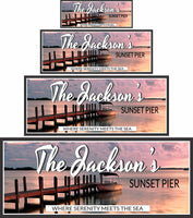Sunset pier sign shown in multiple size options to help visualize wall display dimensions