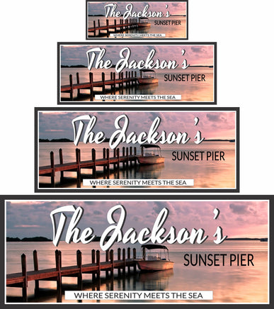 Sunset pier sign shown in multiple size options to help visualize wall display dimensions