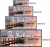 Sunset pier sign shown in multiple size options to help visualize wall display dimensions