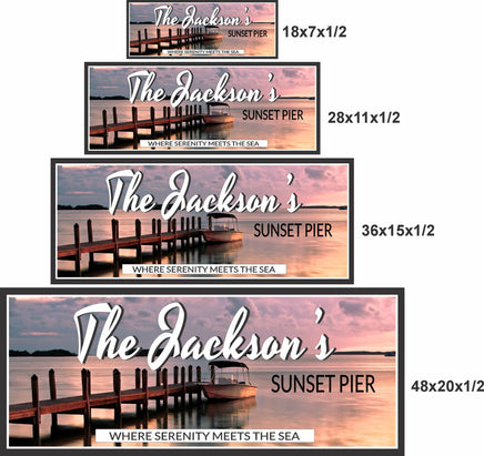 Sunset pier sign shown in multiple size options to help visualize wall display dimensions