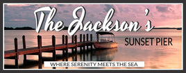 Personalized sunset pier sign featuring a dock and boat with a calm ocean and pastel sky