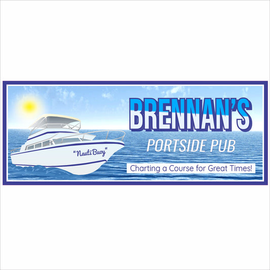 Personalized portside pub boat sign with ocean waves, yacht graphic, and sunny background