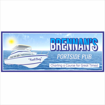 Personalized portside pub boat sign with ocean waves, yacht graphic, and sunny background