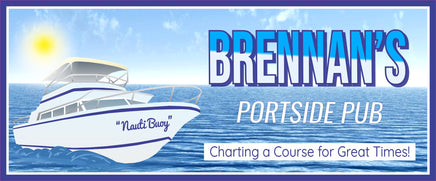 Personalized portside pub boat sign with ocean waves, yacht graphic, and sunny background