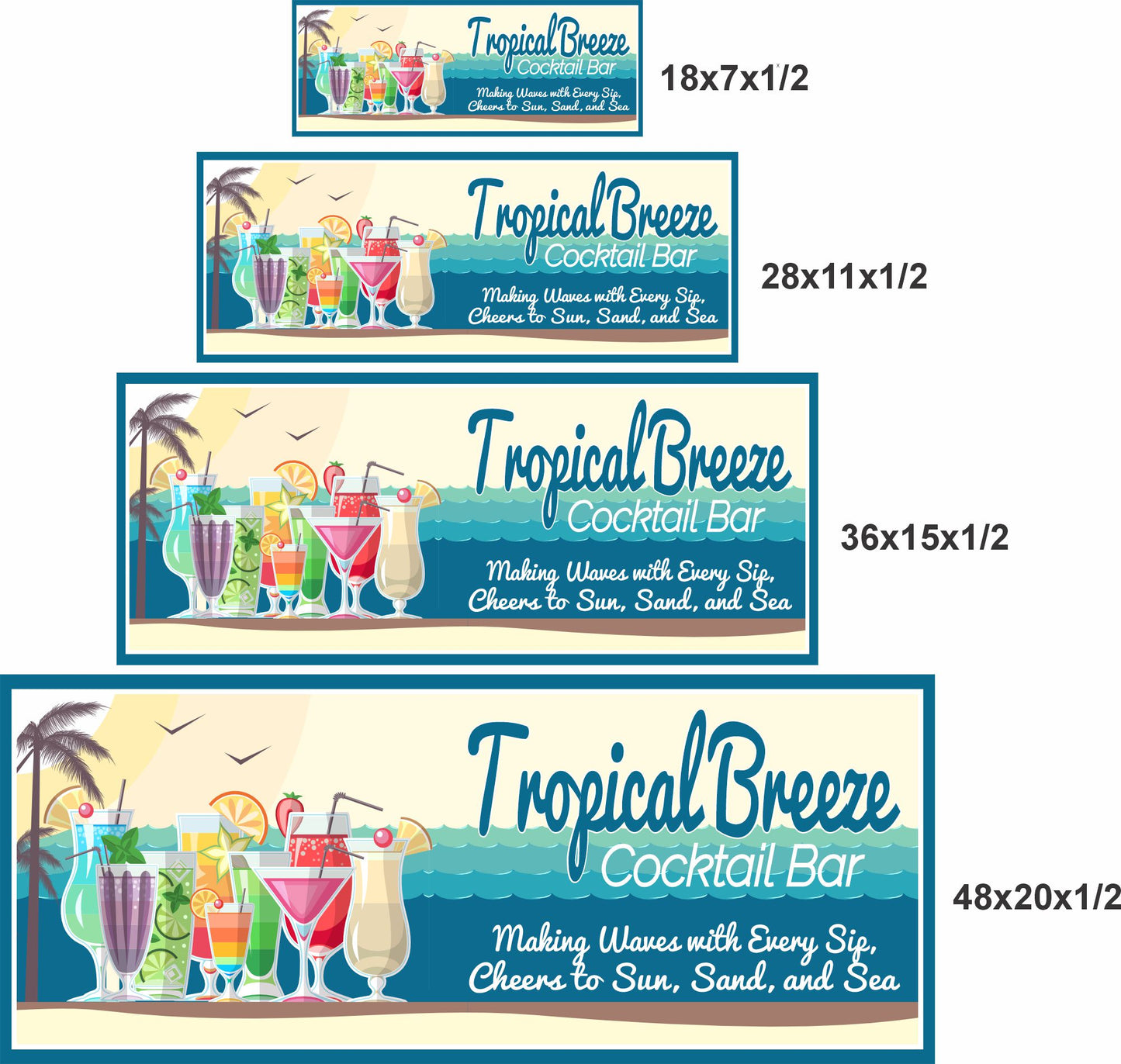 Beach-themed cocktail bar sign shown in four sizes for layout and scale reference