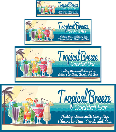 Beach-themed cocktail bar sign shown in four sizes for layout and scale reference