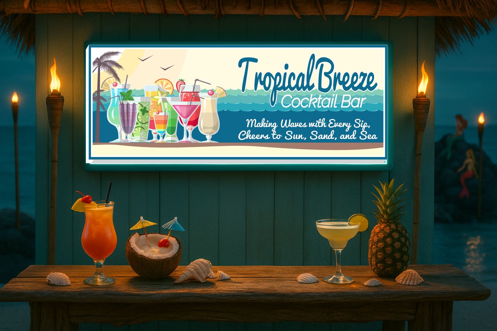 tropical cocktail bar sign displayed in an outdoor tiki bar setting with cocktails, pineapple, torches, seashells, and ocean backdrop