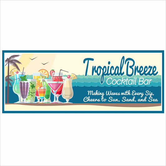 Personalized tropical cocktail bar wall sign with colorful mixed drink illustrations and beach-inspired design, printed on durable vinyl mounted to rigid PVC, custom text, made in the USA by a veteran, indoor or outdoor display