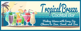 Personalized tropical cocktail bar sign with ocean waves, colorful drinks, and beachy vibe