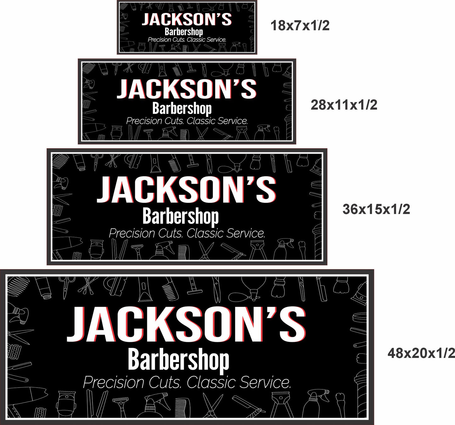 Personalized barbershop wall art shown in four sizes for scale and wall fit reference
