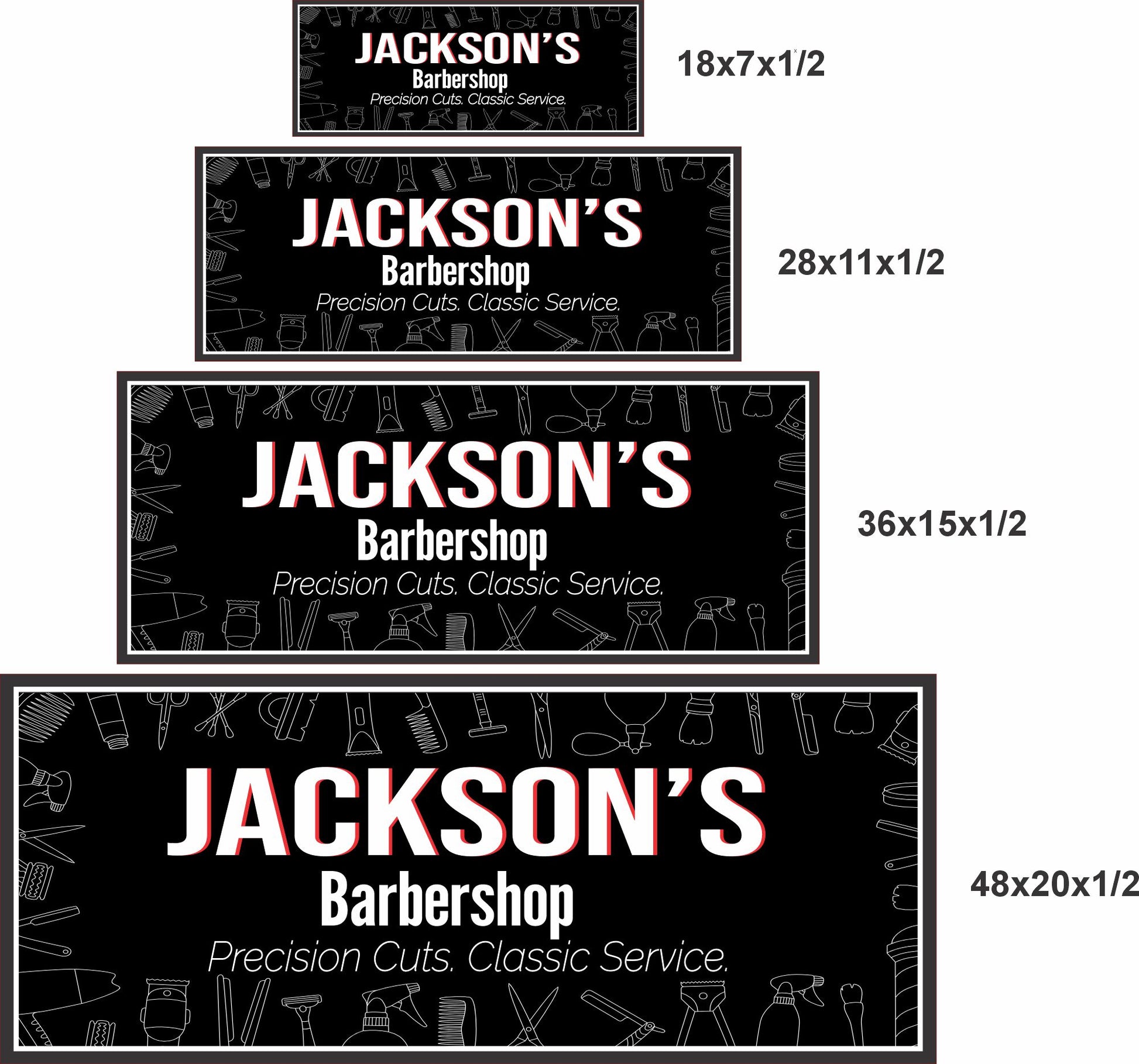 Personalized barbershop wall art shown in four sizes for scale and wall fit reference