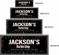 Personalized barbershop wall art shown in four sizes for scale and wall fit reference