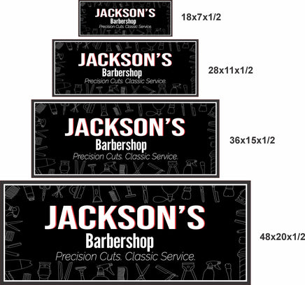 Personalized barbershop wall art shown in four sizes for scale and wall fit reference