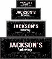 Personalized barbershop wall art shown in four sizes for scale and wall fit reference