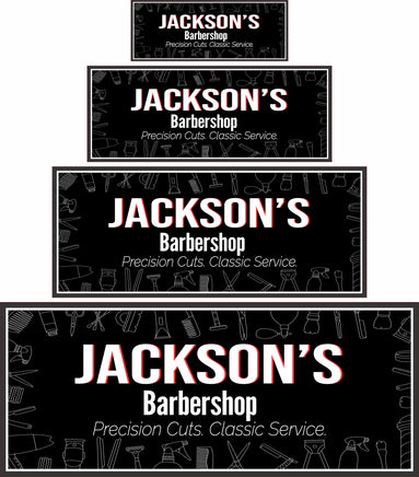 Personalized barbershop wall art shown in four sizes for scale and wall fit reference