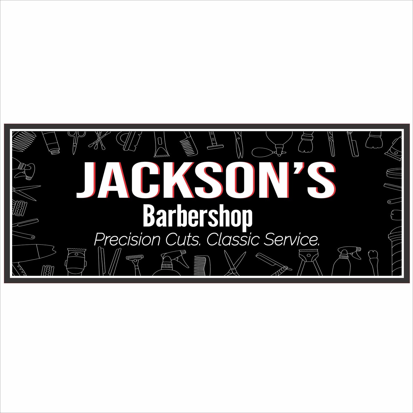 personalized barbershop sign with editable text and classic barber tool graphics
