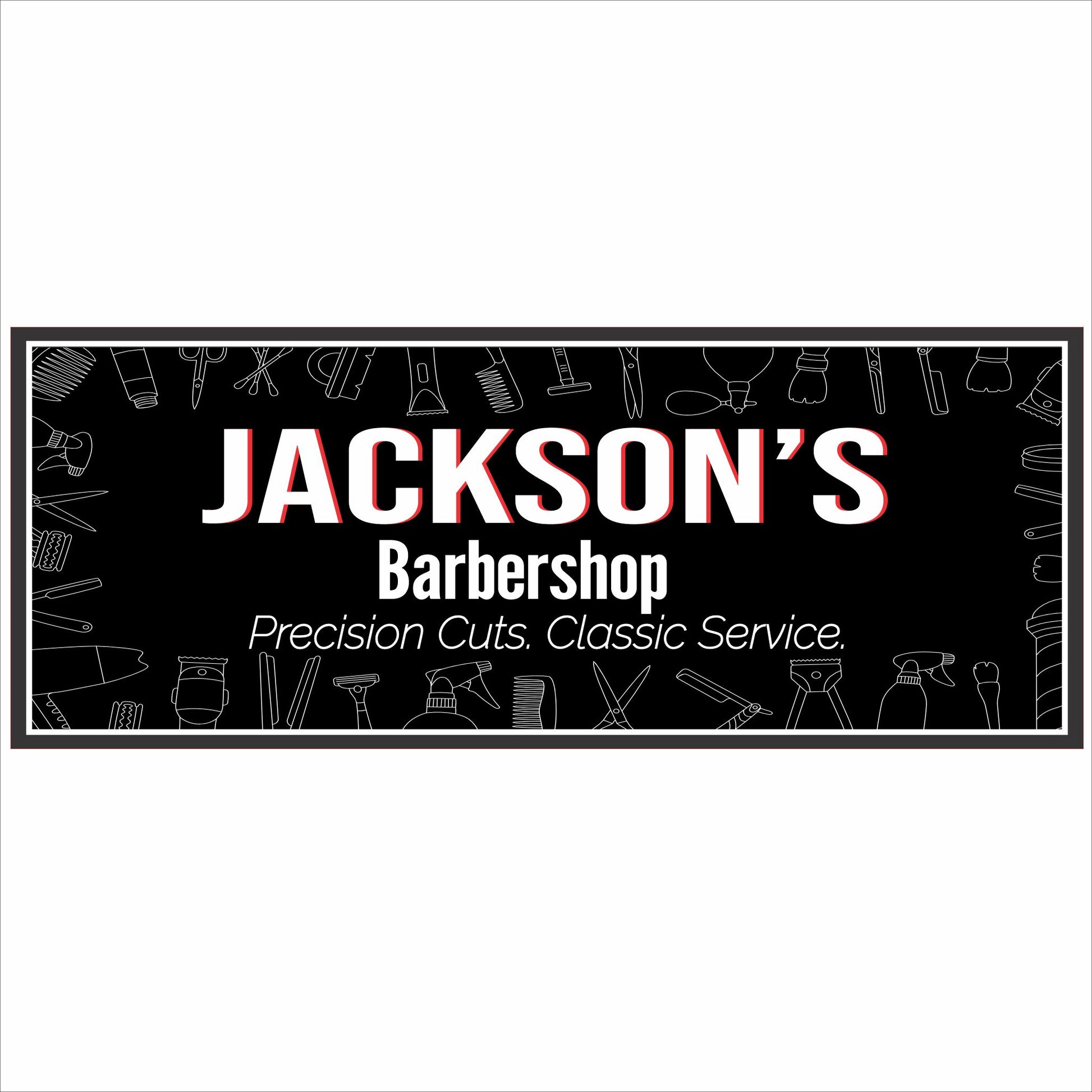 personalized barbershop sign with editable text and classic barber tool graphics
