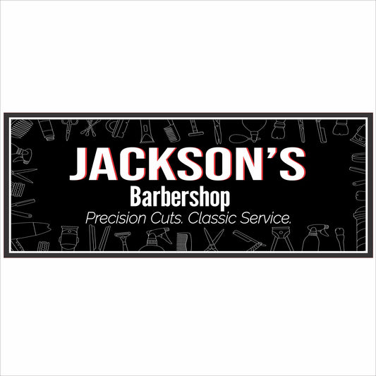 personalized barbershop sign with editable text and classic barber tool graphics