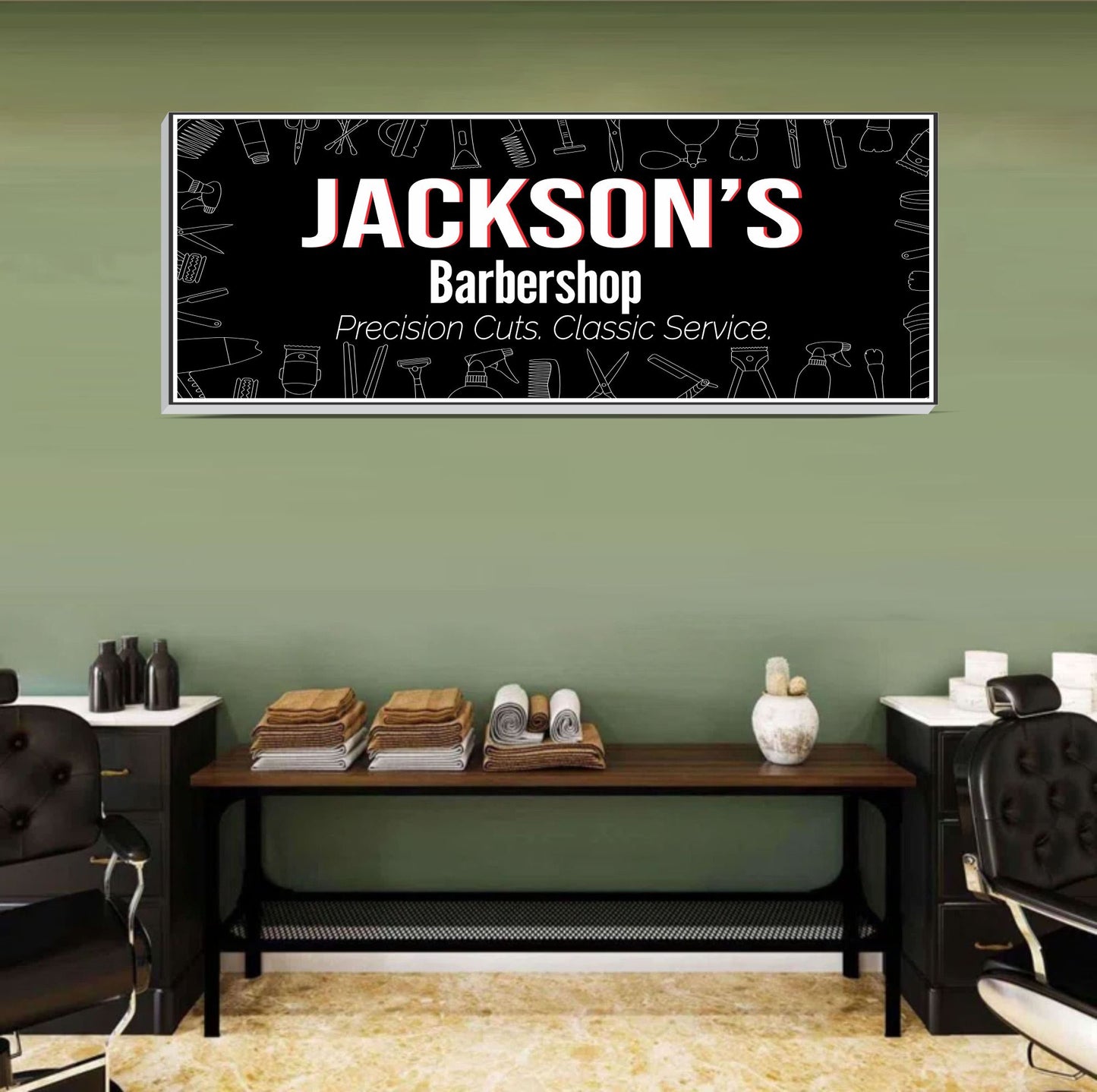 Custom barber sign displayed in a barbershop wall sign displayed in a modern grooming studio with barber tools and decor