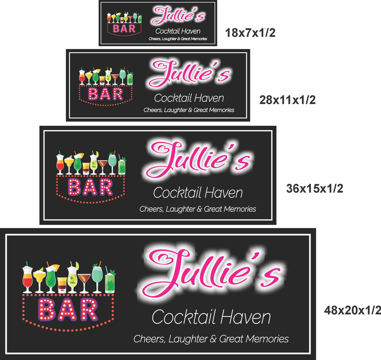 personalized neon bar sign shown in 18x7, 28x11, 36x15, and 48x20 inches
