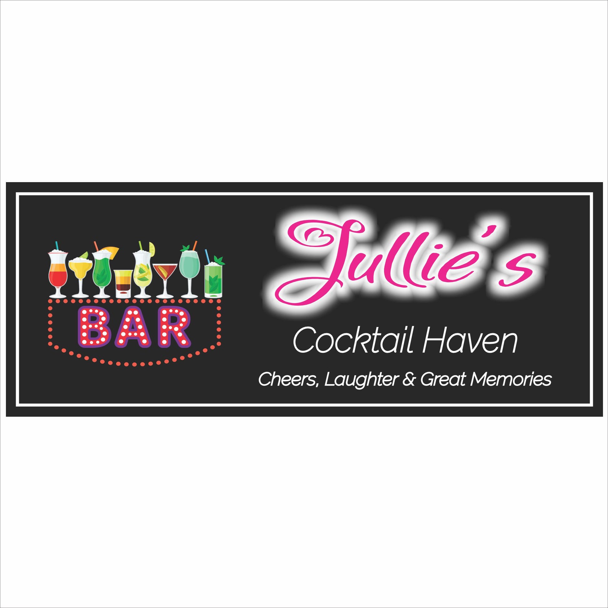 Personalized cocktail bar wall sign with faux neon-style lettering and colorful drink illustrations, printed on durable vinyl mounted to rigid PVC, custom text, made in the USA by a veteran, indoor or outdoor display