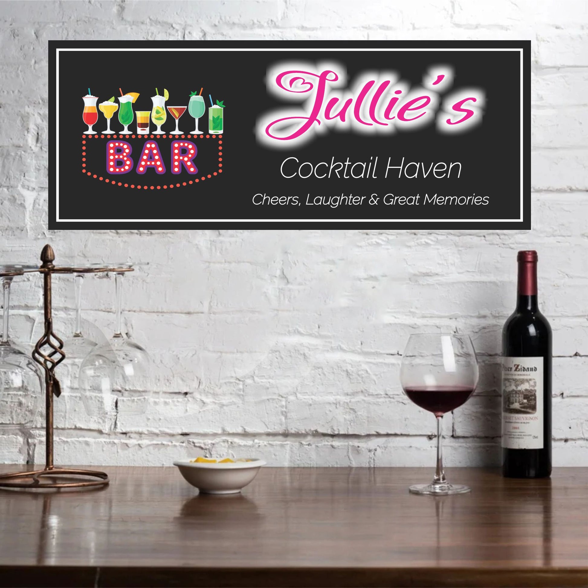Personalized neon cocktail sign displayed in a home bar, kitchen, or lounge area
