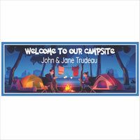 Personalized campsite sign with tents, campfire, and editable names