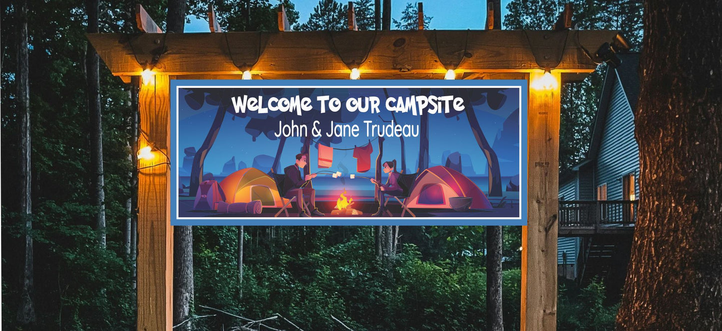 Custom camping sign displayed at an RV site or campsite entry for a cozy, personal touch