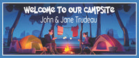 Personalized campsite sign featuring a couple roasting marshmallows by a campfire with tents and trees