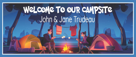 Personalized campsite sign featuring a couple roasting marshmallows by a campfire with tents and trees