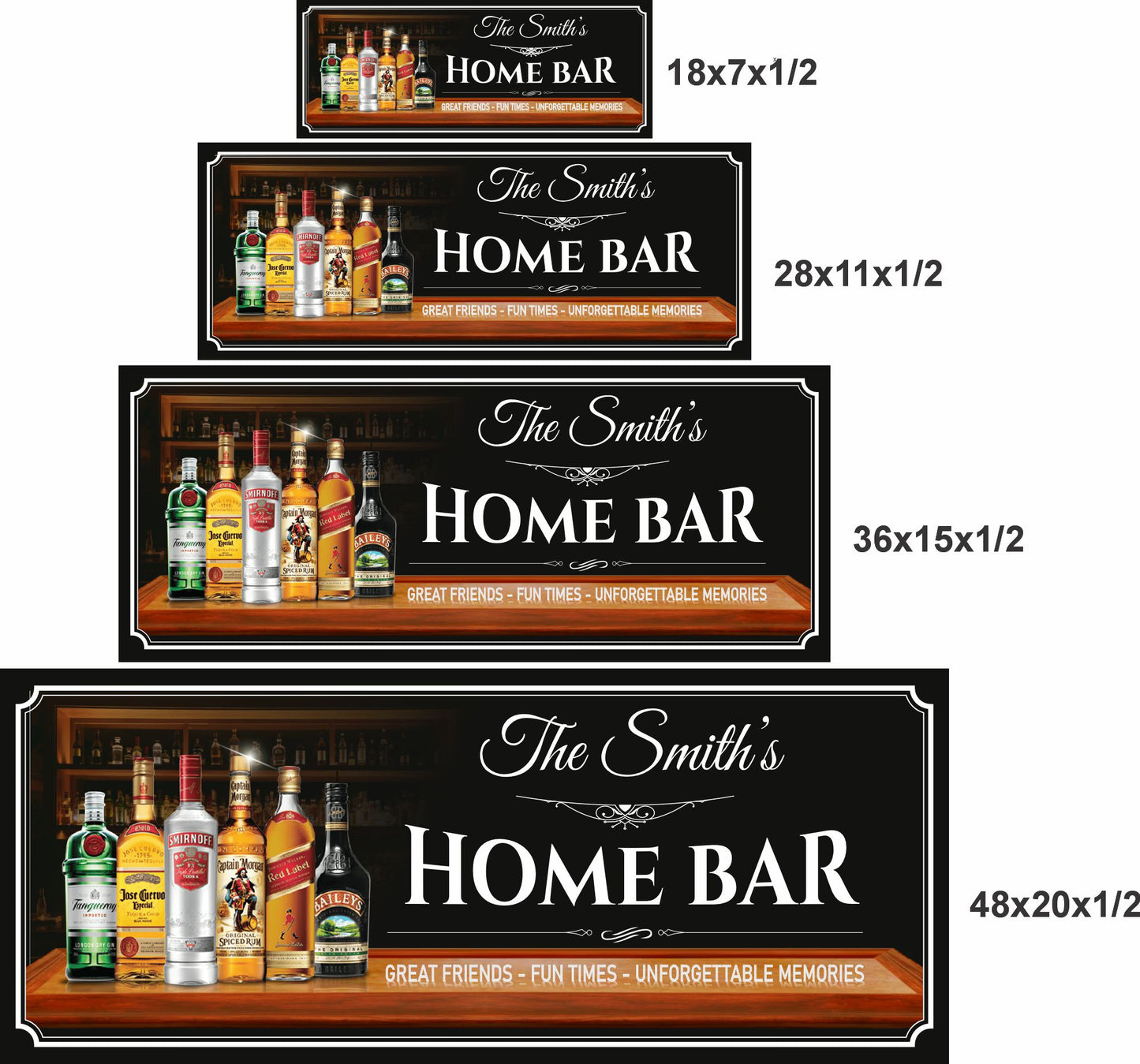 personalized home bar sign shown in four sizes 18x7 28x11 36x15 48x20 with keyhole mounting