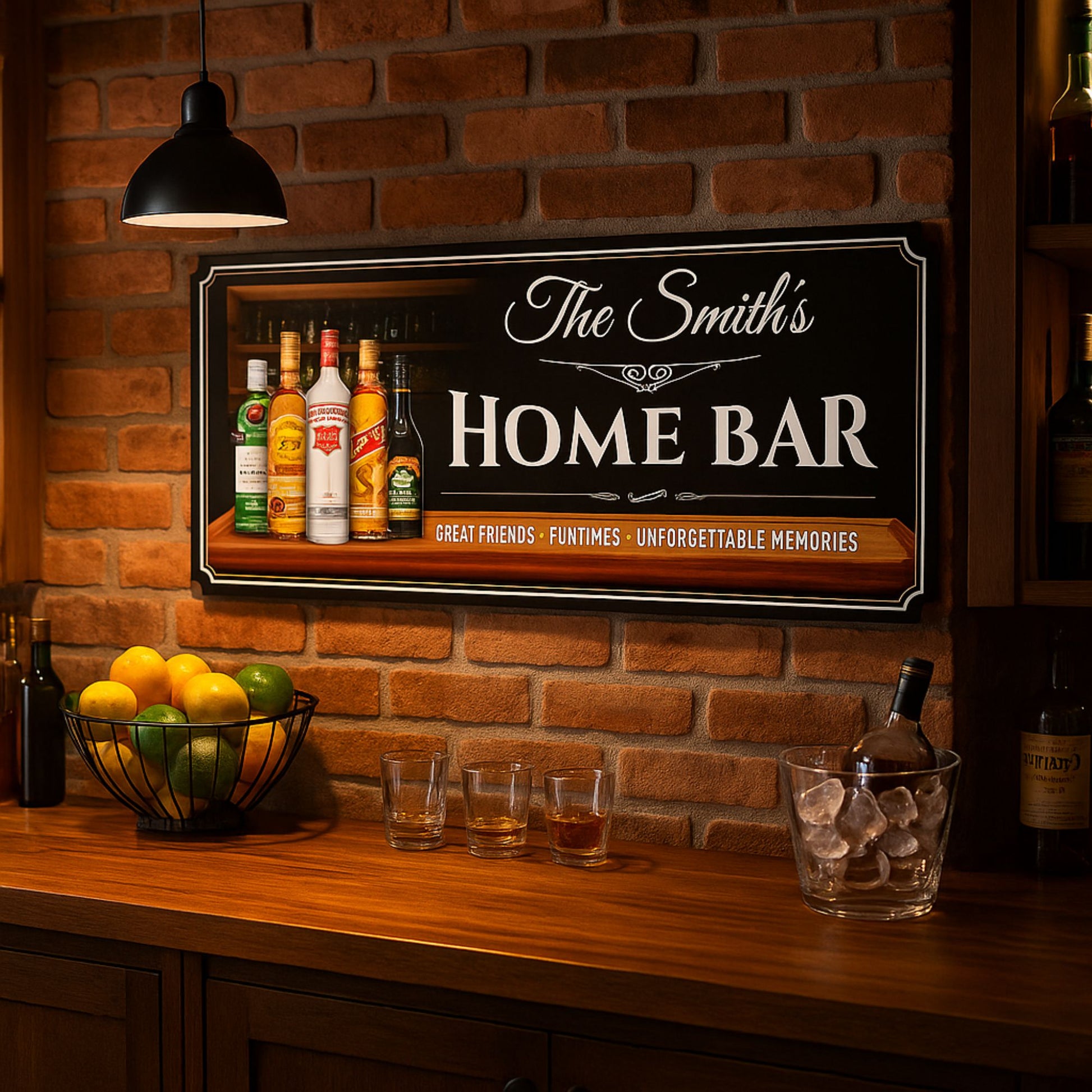 home bar scene with a personalized home bar sign on a brick wall, featuring liquor bottles on a wooden counter with glasses and an ice bucket