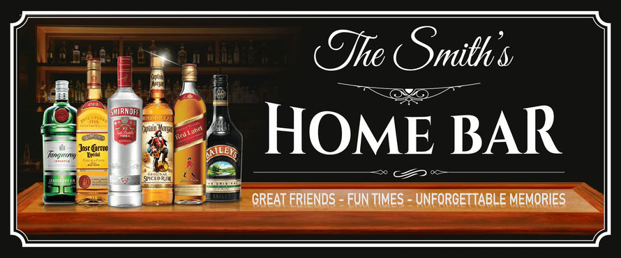 Personalized home bar sign with liquor bottle graphics and customizable name