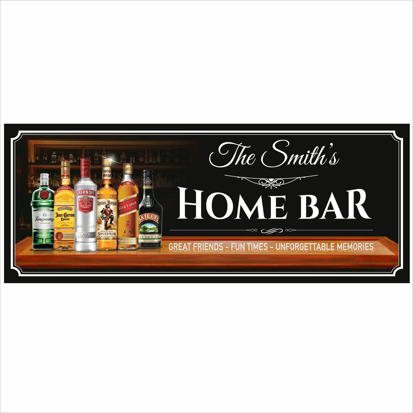 ersonalized home bar wall sign with classic pub design and illustrated liquor bottles, printed on durable vinyl mounted to rigid PVC, custom text, made in the USA by a veteran, indoor or outdoor display