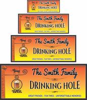 Personalized Drinking Hole bar sign shown in four sizes for wall placement reference
