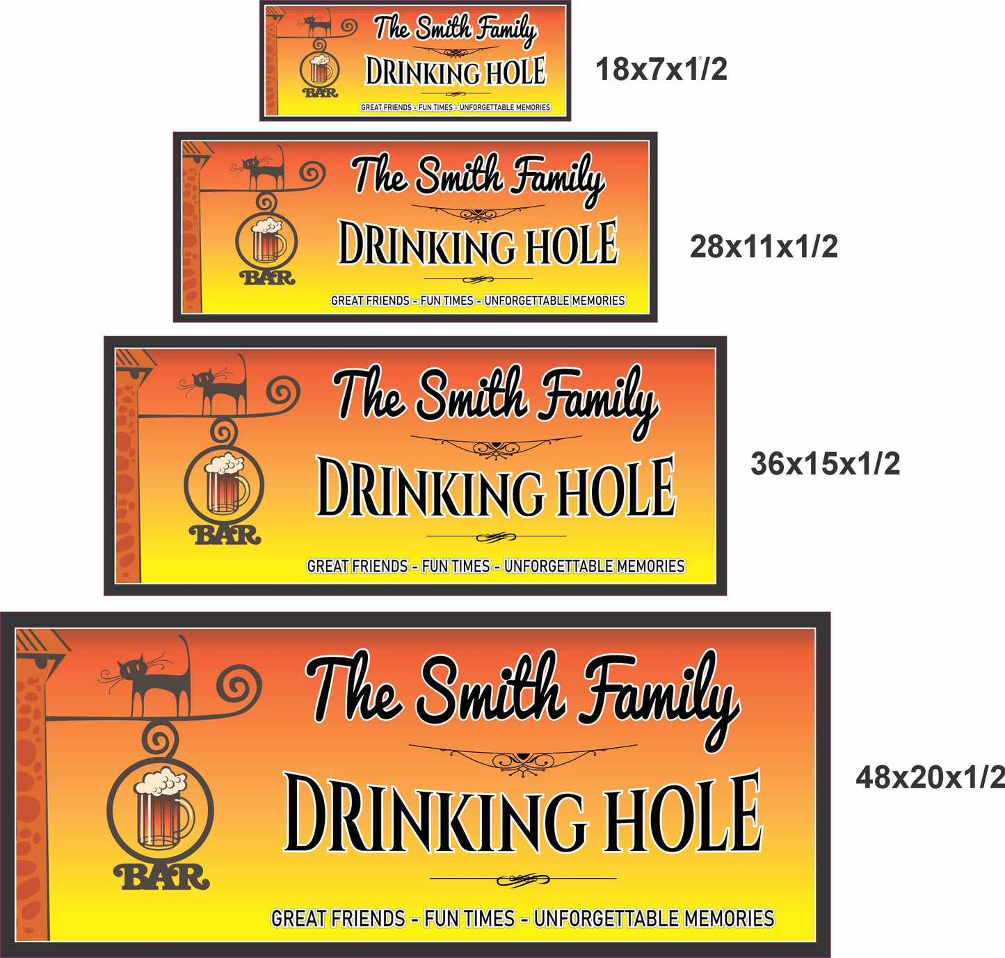 Personalized Drinking Hole bar sign shown in four sizes for wall placement reference