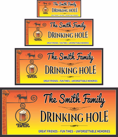 Personalized Drinking Hole bar sign shown in four sizes for wall placement reference
