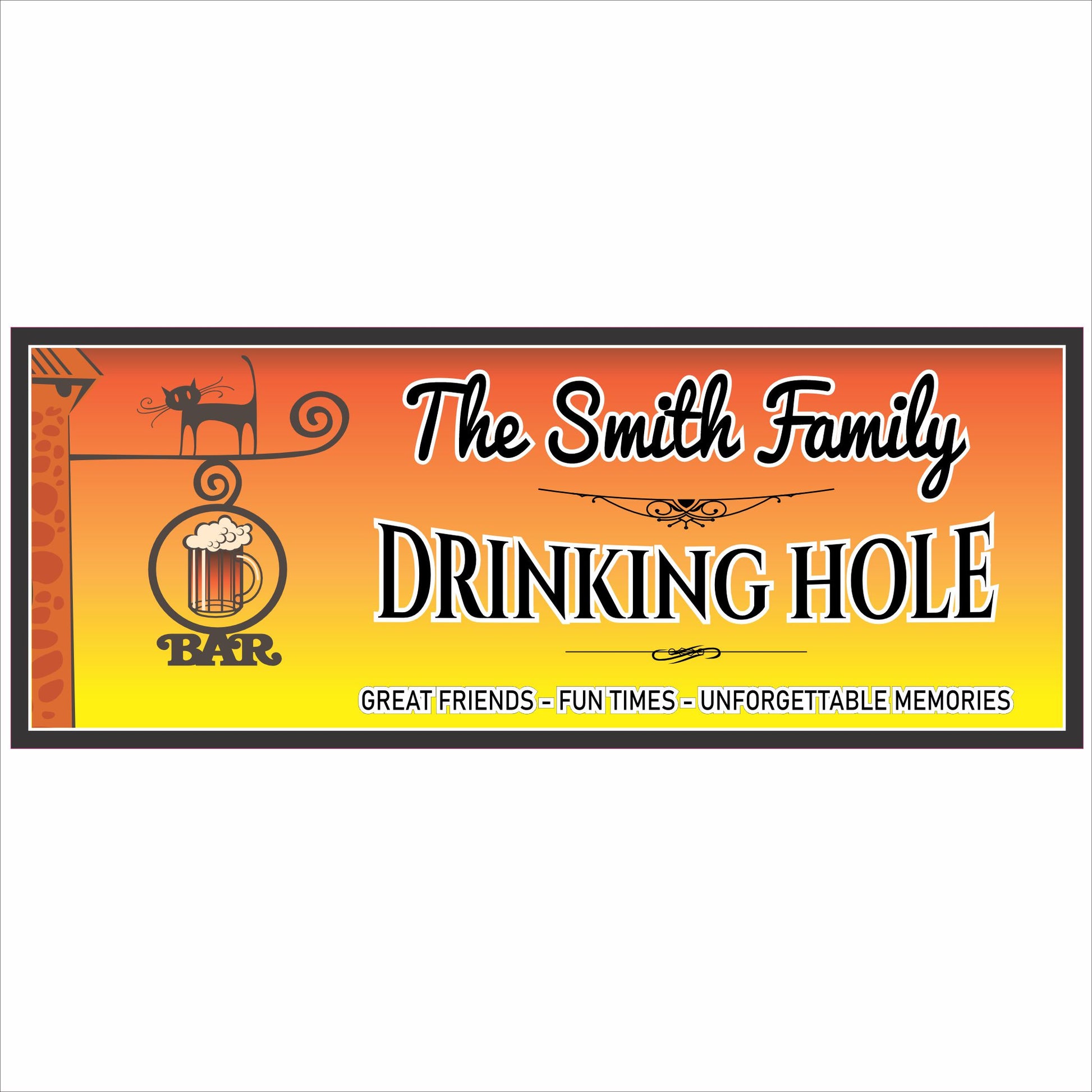 Personalized home bar sign with vintage “Drinking Hole” design, beer mug graphic and sunset colors, custom bar wall decor for friends and gatherings