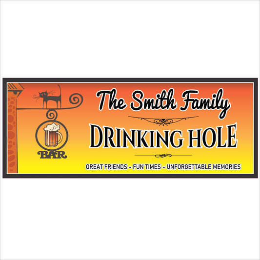 Personalized home bar sign with vintage “Drinking Hole” design, beer mug graphic and sunset colors, custom bar wall decor for friends and gatherings