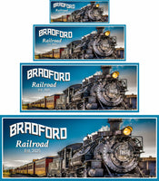 Steam locomotive sign shown in four available sizes to illustrate scale and display options
