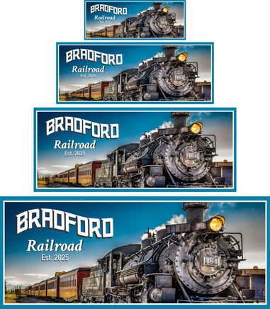 Steam locomotive sign shown in four available sizes to illustrate scale and display options
