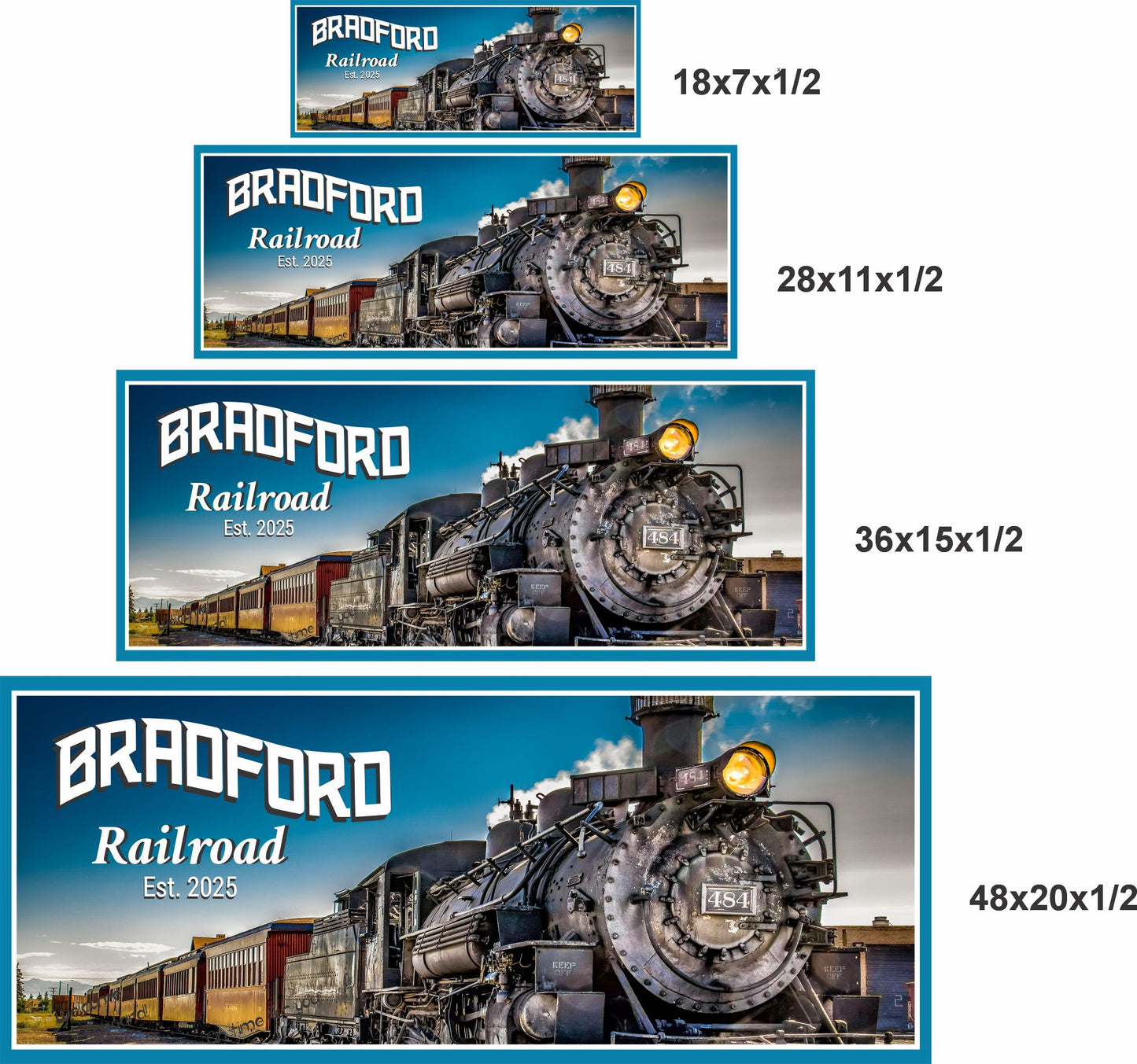 personalized railroad locomotive sign size comparison showing four available sign sizes