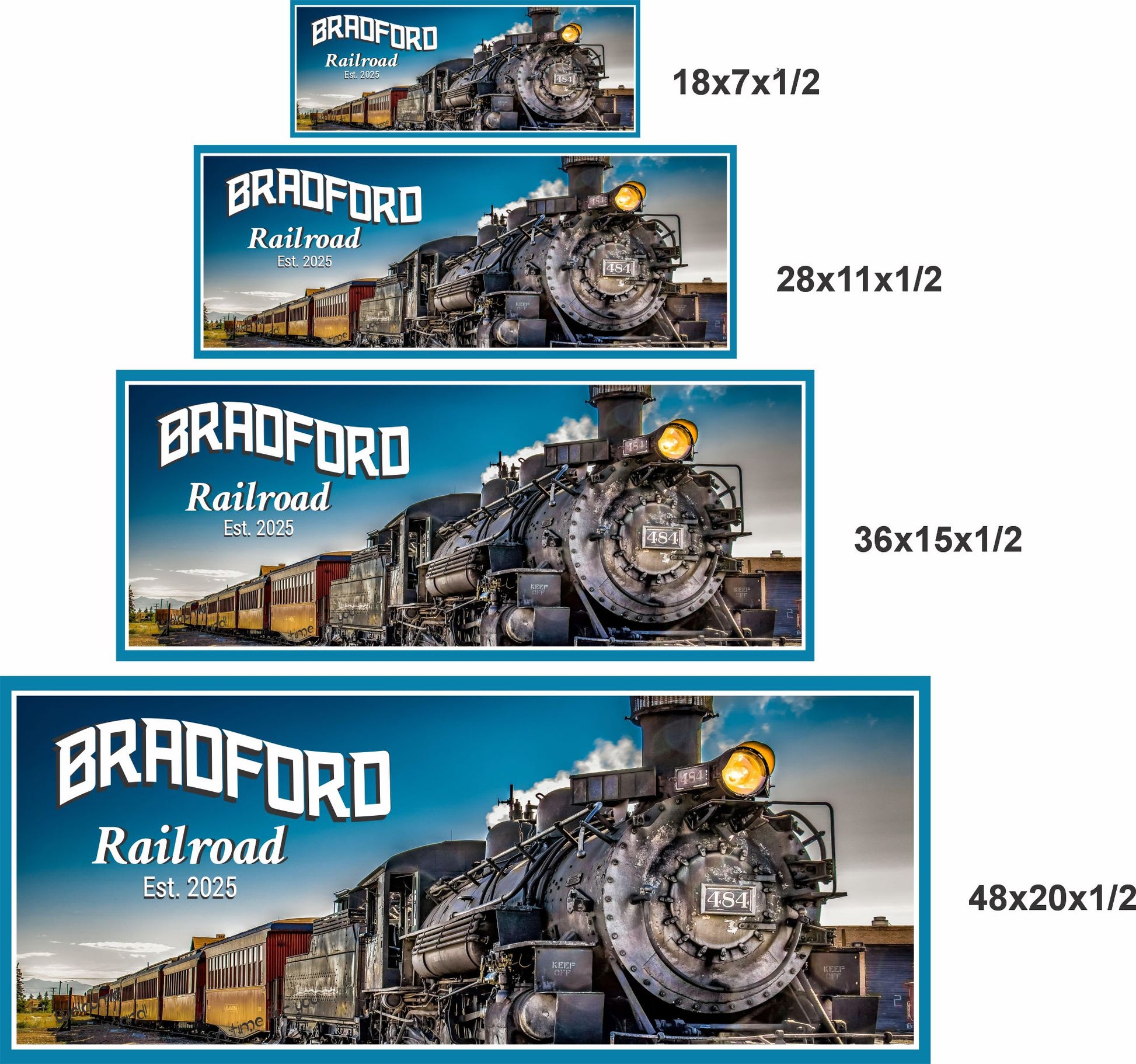 personalized railroad locomotive sign size comparison showing four available sign sizes