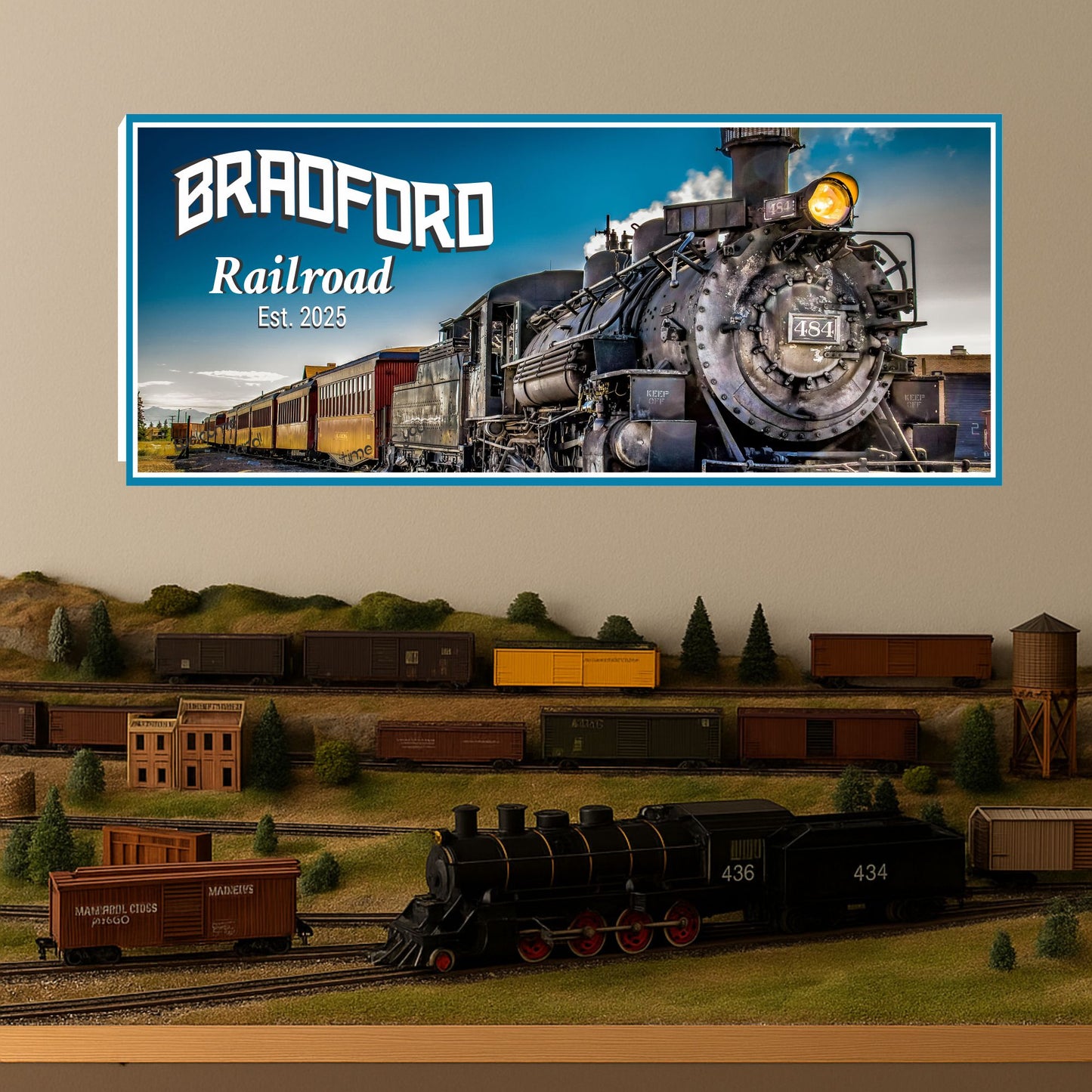 personalized railroad train sign displayed above model train layout with miniature buildings and tracks