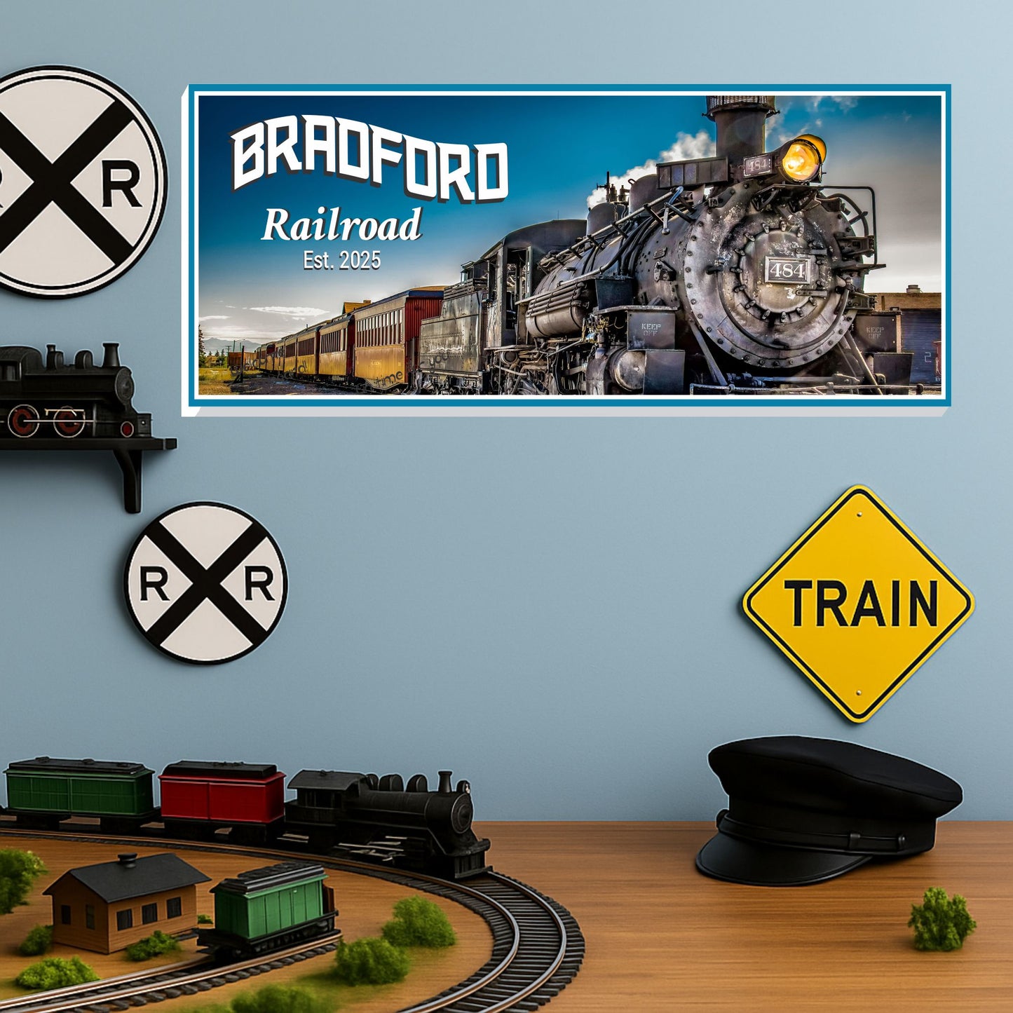 personalized steam locomotive railroad sign displayed above desk with train crossing decor and model trains