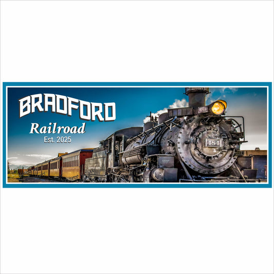 personalized steam locomotive railroad sign with vintage train engine and custom railroad name on blue sky background