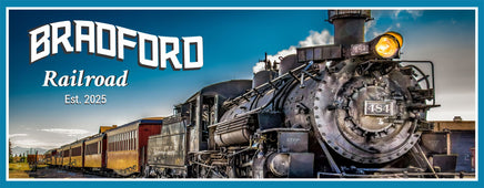 Rustic railroad sign featuring a vintage steam locomotive with customizable name and established date