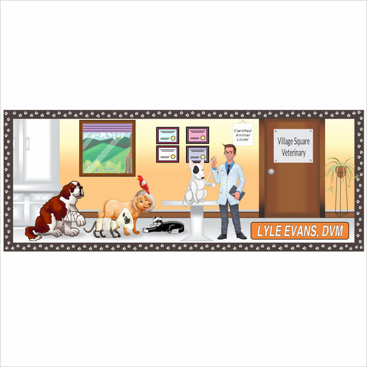 Personalized Cartoon-style veterinary sign featuring a veterinarian with injured animals in a clinic setting and paw print border; available in male or 