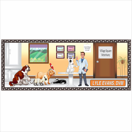 Personalized Cartoon-style veterinary sign featuring a veterinarian with injured animals in a clinic setting and paw print border; available in male or 